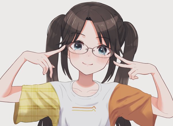Anime picture 2048x1500 with idolmaster idolmaster shiny colors mitsumine yuika pippo (pippo314) single long hair looking at viewer blush highres blue eyes simple background smile brown hair twintails upper body grey background girl glasses