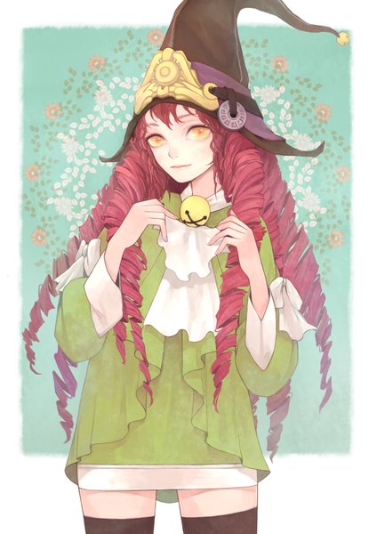 Anime picture 2480x3507 with league of legends lulu (league of legends) heather37 single long hair tall image looking at viewer blush highres smile yellow eyes pink hair drill hair girl thighhighs dress flower (flowers) black thighhighs hat witch hat