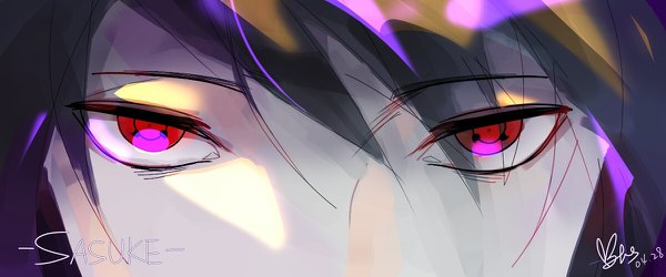 Anime picture 1200x500 with naruto studio pierrot naruto (series) uchiha sasuke -mitus- single looking at viewer fringe short hair black hair wide image purple eyes signed character names close-up shaded face face sharingan boy