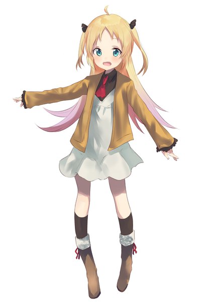 Anime picture 1550x2140 with ryuuou no oshigoto! charlotte izoard kayanogura single long hair tall image blush open mouth simple background blonde hair white background full body ahoge aqua eyes two side up outstretched arm gradient hair girl socks black socks