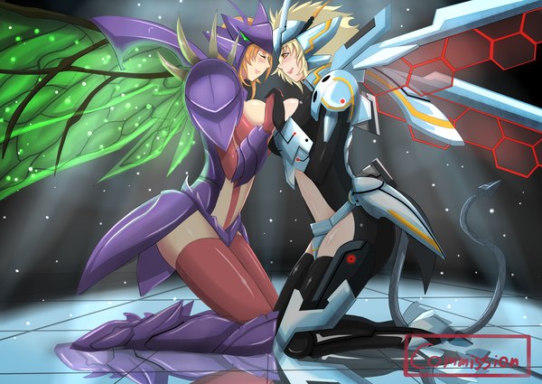Anime picture 4271x3031 with league of legends kha'zix (league of legends) torahime (roland00) blush highres short hair light erotic blonde hair smile multiple girls brown eyes absurdres eyes closed orange hair holding hands genderswap insect wings multiple persona mechanical wings girl