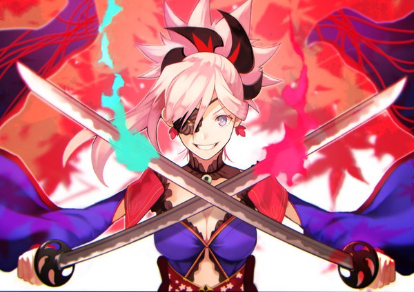 Anime picture 1500x1060 with fate (series) fate/grand order miyamoto musashi (fate) yoshio (55level) single long hair looking at viewer smile purple eyes holding pink hair cleavage upper body ponytail glowing dual wielding crossed swords girl weapon earrings