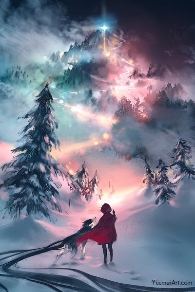 Anime picture 1080x1620 with little red riding hood original little red riding hood (character) big bad wolf yuumei tall image standing sky cloud (clouds) outdoors arm up wind from behind night watermark light winter snow mountain new year