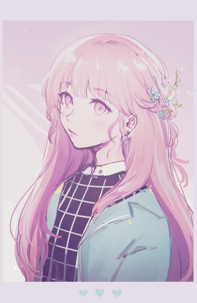 Anime picture 783x1200 with original k (sktchblg) single long hair tall image fringe pink hair pink eyes hair flower portrait girl flower (flowers) earrings