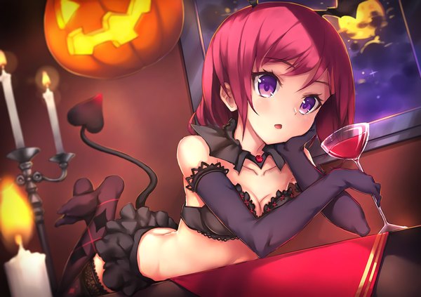 Anime picture 1200x847 with love live! school idol project sunrise (studio) love live! nishikino maki parfaitlate single looking at viewer short hair breasts open mouth light erotic purple eyes bare shoulders holding sky cloud (clouds) red hair tail lying night