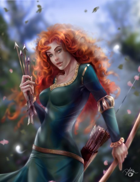 Anime picture 1024x1325 with brave disney merida cris delara single long hair tall image looking at viewer breasts blue eyes lips orange hair realistic girl dress weapon bow (weapon) arrow (arrows)