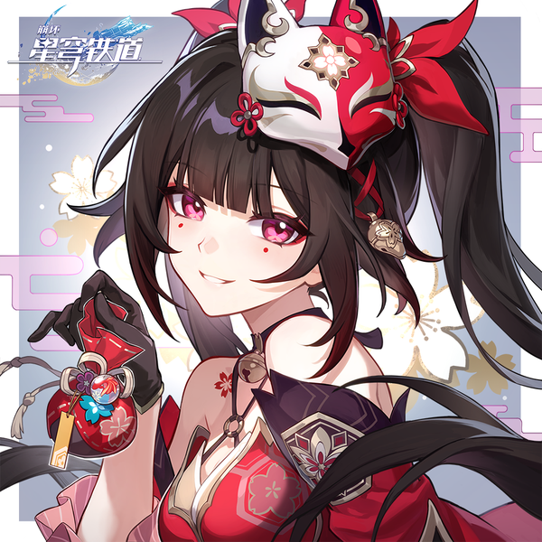 Anime picture 1000x1000 with honkai: star rail honkai (series) sparkle (honkai: star rail) tagme (artist) single long hair looking at viewer blush fringe smile brown hair twintails bare shoulders holding upper body blunt bangs pink eyes arm up official art copyright name