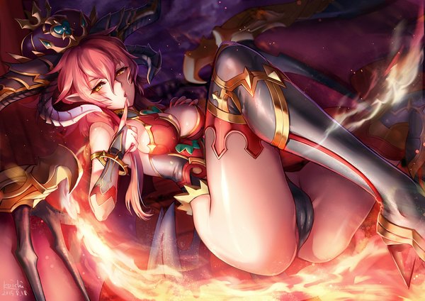 Anime picture 1023x723 with puzzle & dragons zeroshiki kouichi single looking at viewer short hair breasts light erotic yellow eyes pink hair cleavage horn (horns) pointy ears cameltoe girl thighhighs crown