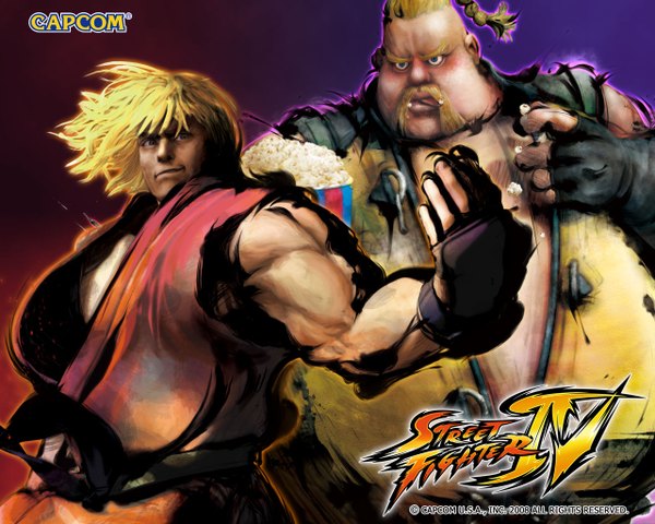 Anime picture 1280x1024 with street fighter capcom ken masters rufus long hair short hair blonde hair smile bare shoulders braid (braids) japanese clothes open clothes single braid eating muscle gloves food tongue bodysuit popcorn