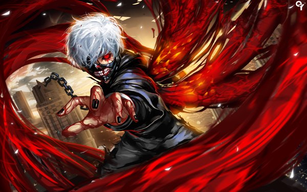 Anime picture 2000x1250 with tokyo ghoul studio pierrot kaneki ken liang xing single fringe highres short hair red eyes sky outdoors white hair nail polish fingernails outstretched arm outstretched hand black nail polish black sclera bleeding broken glass