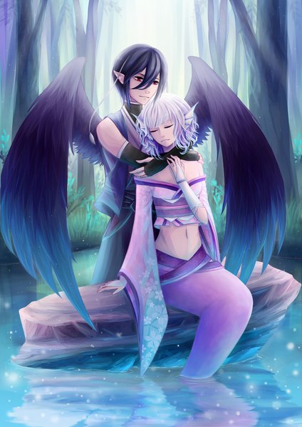 Anime picture 2480x3507 with original lon-li-mei tall image fringe highres short hair black hair hair between eyes red eyes standing sitting blue hair purple hair eyes closed multicolored hair pointy ears arm support two-tone hair couple hug