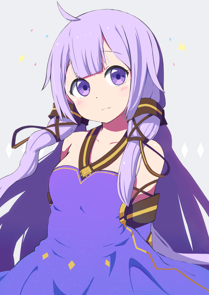 Anime picture 1065x1500 with azur lane vocaloid unicorn (azur lane) xingchen unicorn (little star songstress) (azur lane) okota mikan single long hair tall image looking at viewer blush fringe simple background purple eyes bare shoulders purple hair ahoge grey background hands behind back cosplay