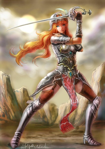 Anime picture 1000x1415 with usudahiro single long hair tall image fringe breasts blue eyes blonde hair holding looking away wind lips fighting stance girl weapon armor garter straps epee