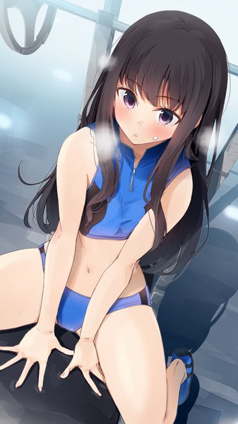 Anime picture 736x1310 with lycoris recoil inoue takina mirai (macharge) single long hair tall image blush light erotic black hair sitting purple eyes from above shadow steam girl uniform gym uniform barbell
