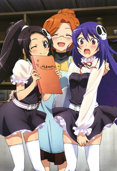 Anime picture 4082x5959 with kami nomi zo shiru sekai megami magazine elsea de lute irma haqua du lot herminium katsuragi mari long hair tall image blush highres open mouth black hair red eyes multiple girls absurdres purple hair ponytail orange hair official art maid girl