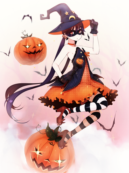 Anime picture 1592x2130 with original eventh7 single tall image black hair red eyes twintails very long hair halloween witch girl thighhighs dress gloves hat black gloves mask witch hat striped thighhighs jack-o'-lantern