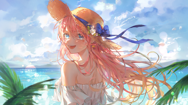 Anime picture 1920x1080 with original kellymonica02 single long hair looking at viewer blush fringe highres open mouth blue eyes smile hair between eyes wide image bare shoulders signed pink hair sky cloud (clouds) upper body outdoors