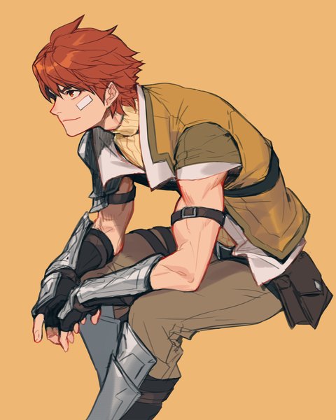 Anime picture 2002x2500 with mabinogi ruairi haje single tall image highres short hair simple background red eyes sitting looking away red hair yellow background bandaid on face boy bandaid