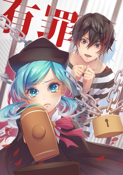 Anime picture 1240x1754 with vocaloid love trial (vocaloid) hatsune miku shou shizuku (deme) long hair tall image looking at viewer short hair open mouth blue eyes black hair brown eyes blue hair tears girl boy bow weapon hat petals