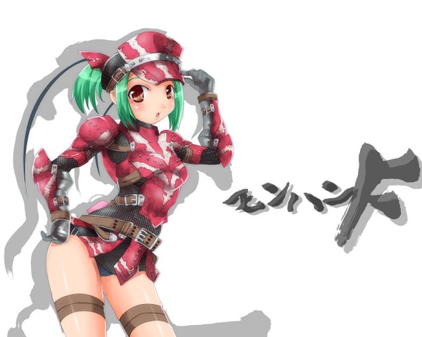 Anime picture 1280x1024 with monster hunter hermitaur (armor) imazon single looking at viewer blush short hair open mouth light erotic simple background red eyes white background payot green hair shadow hand on hip adjusting hat girl underwear panties