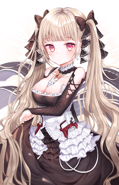 Anime picture 2000x3100 with azur lane formidable (azur lane) yam (dr yammy) single long hair tall image looking at viewer blush fringe highres breasts light erotic simple background red eyes large breasts standing white background twintails bare shoulders cleavage