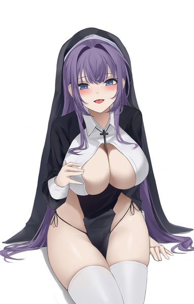 Anime picture 3000x4700 with original haku (liiixixixiii) single long hair tall image looking at viewer blush fringe highres breasts blue eyes light erotic simple background large breasts white background sitting payot purple hair arm support nun