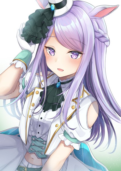 Anime picture 1800x2546 with umamusume mejiro mcqueen (umamusume) miyagi ratona single long hair tall image blush highres open mouth simple background white background purple eyes bare shoulders animal ears looking away purple hair :d bare belly official alternate costume half updo