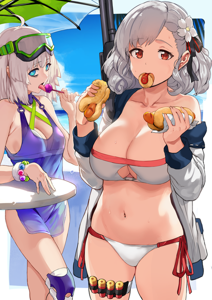 Anime picture 3583x5059 with girls frontline aa-12 (girls frontline) spas-12 (girls frontline) hews tall image blush fringe highres short hair breasts blue eyes light erotic red eyes large breasts standing multiple girls holding absurdres sky cloud (clouds)