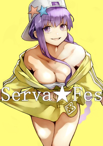 Anime picture 1058x1500 with fate (series) fate/grand order bb (fate) (all) bb (swimsuit mooncancer) (fate) yoshio (55level) single long hair tall image looking at viewer fringe breasts light erotic simple background smile large breasts purple eyes bare shoulders purple hair off shoulder inscription