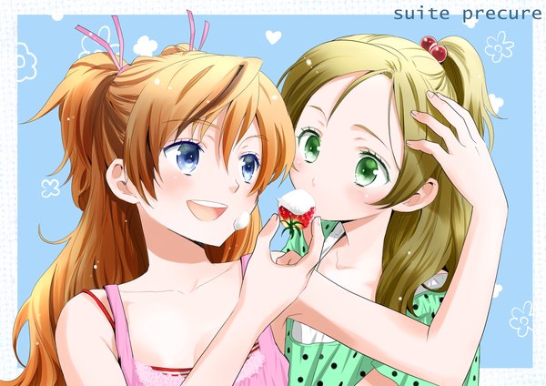 Anime picture 1011x716 with precure smile precure! suite precure toei animation houjou hibiki minamino kanade ooshima tomo long hair blush open mouth blue eyes brown hair multiple girls green eyes green hair two side up girl 2 girls food berry (berries)