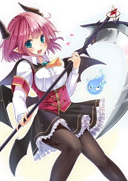 Anime picture 708x1003 with original taletale single tall image blush short hair open mouth blue eyes purple hair horn (horns) pointy ears ghost girl dress weapon wings scythe
