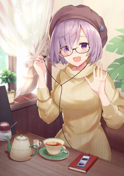 Anime picture 566x800 with fate (series) fate/grand order mash kyrielight haru (hiyori-kohal) single tall image looking at viewer blush short hair open mouth sitting purple eyes purple hair waving girl plant (plants) glasses headphones book (books) curtains