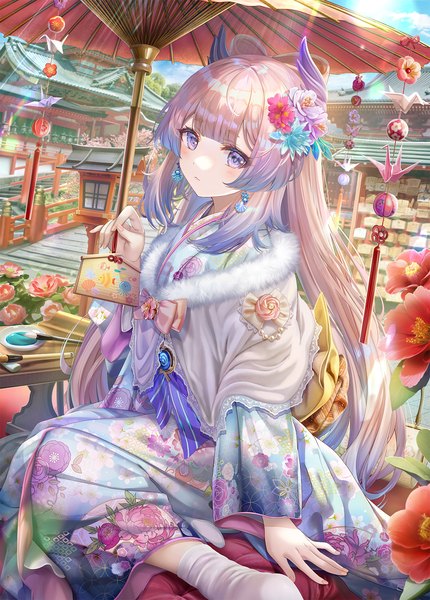 Anime picture 1200x1676 with genshin impact sangonomiya kokomi torino aqua single long hair tall image looking at viewer blush fringe sitting purple eyes holding pink hair sky cloud (clouds) outdoors blunt bangs traditional clothes japanese clothes multicolored hair