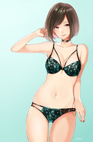 Anime picture 790x1200 with original retsuna single tall image looking at viewer short hair breasts light erotic simple background brown hair standing bare shoulders brown eyes signed cleavage nail polish arm up underwear only gradient background red nail polish