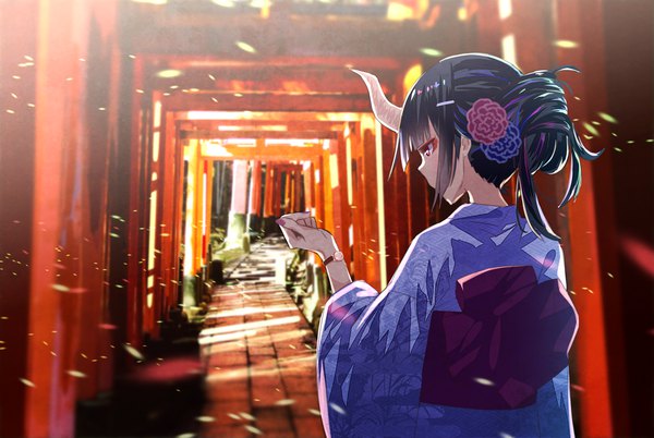 Anime picture 1491x1000 with original someya mai single fringe short hair black hair standing payot outdoors blunt bangs nail polish traditional clothes japanese clothes profile pink eyes hair flower horn (horns) fingernails from behind sunlight