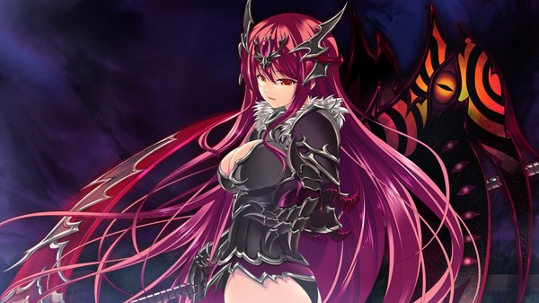 Anime picture 2048x1152 with shin shirogane no soleil skyfish (studio) single long hair highres breasts light erotic red eyes wide image game cg red hair dark background girl gloves hair ornament weapon wings elbow gloves armor scythe