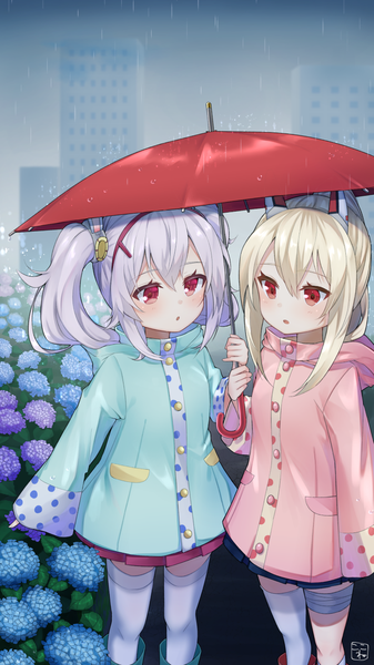 Anime picture 750x1334 with azur lane ayanami (azur lane) laffey (azur lane) kokone (coconeeeco) long hair tall image blush fringe blonde hair hair between eyes red eyes standing twintails multiple girls holding signed payot looking away sky silver hair