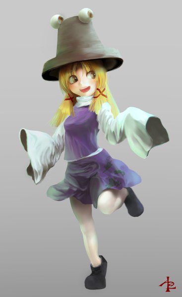 Anime picture 1049x1714 with touhou moriya suwako azzie (pixiv) single long hair tall image blonde hair simple background smile brown eyes grey background girl skirt ribbon (ribbons) hat shoes skirt set