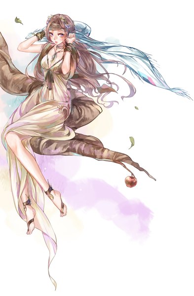 Anime picture 1500x2286 with original allenkung1 single long hair tall image looking at viewer blush brown hair white background sitting purple eyes hair flower wind girl dress hair ornament flower (flowers) plant (plants) earrings tree (trees)