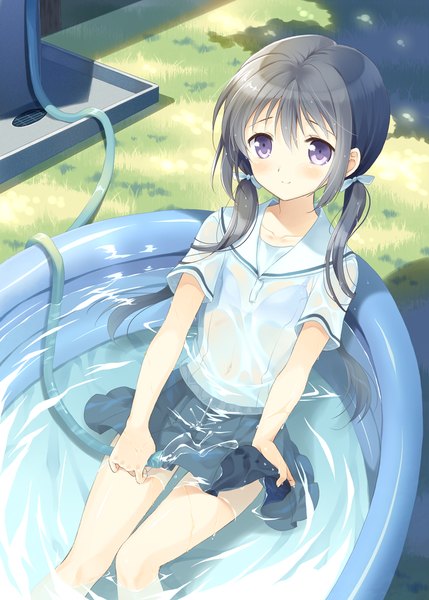 Anime picture 715x1000 with original komi zumiko single long hair tall image blush black hair smile purple eyes twintails girl skirt water pool hose wading pool