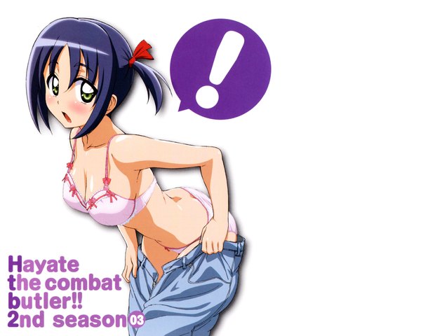 Anime picture 4000x3200 with hayate no gotoku! nishizawa ayumu single looking at viewer blush highres short hair open mouth light erotic twintails green eyes absurdres inscription short twintails girl underwear panties lingerie bra pink panties
