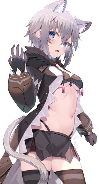Anime picture 2150x4000 with original jun (aousa0328) single tall image looking at viewer blush fringe highres short hair breasts open mouth blue eyes light erotic simple background hair between eyes standing white background payot long sleeves arm up