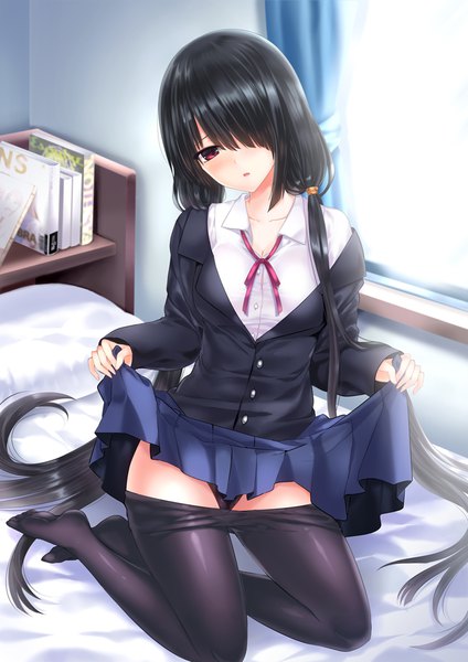 Anime picture 650x920 with date a live tokisaki kurumi mafuyu single tall image looking at viewer blush fringe breasts light erotic black hair red eyes twintails full body bent knee (knees) indoors very long hair head tilt pleated skirt sunlight