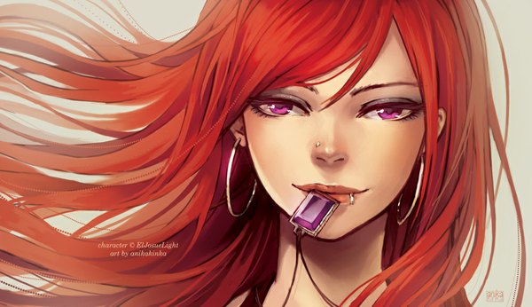 Anime picture 1000x577 with original anikakinka single long hair looking at viewer fringe smile wide image purple eyes holding red hair lips piercing mouth hold close-up eyebrows girl earrings pendant