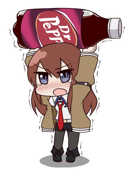 Anime picture 1200x1600 with steins;gate white fox dr pepper makise kurisu netachou single long hair tall image blush open mouth blue eyes simple background brown hair white background tears carrying minigirl trembling girl pantyhose