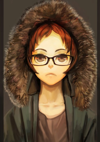 Anime picture 739x1045 with original yoshifumi (4423) single tall image short hair simple background brown hair brown eyes open clothes open jacket pillarboxed girl glasses jacket fur hood