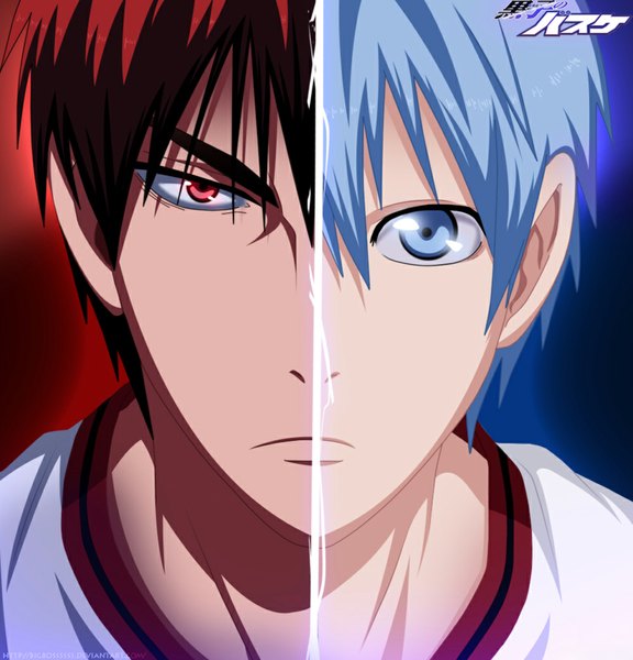 Anime picture 1000x1043 with kuroko no basket production i.g kuroko tetsuya kagami taiga tempestdh tall image blue eyes simple background pink eyes coloring portrait close-up face boy