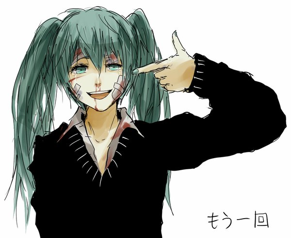 Anime picture 1109x910 with vocaloid rolling girl (vocaloid) hatsune miku single smile white background twintails green eyes nail polish green hair hieroglyph open collar bandaid on face nosebleed girl sweater bandaid
