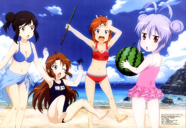 Anime picture 5947x4090 with non non biyori megami magazine silver link ichijou hotaru miyauchi renge koshigaya komari koshigaya natsumi long hair highres short hair open mouth blue eyes black hair red eyes brown hair multiple girls brown eyes blue hair absurdres official art