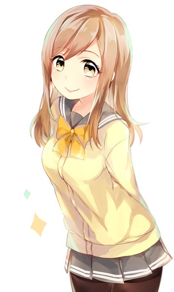 Anime picture 1060x1773 with love live! sunshine!! sunrise (studio) love live! kunikida hanamaru leafwow single long hair tall image looking at viewer blush fringe breasts simple background smile brown hair white background brown eyes pleated skirt blurry hands behind back